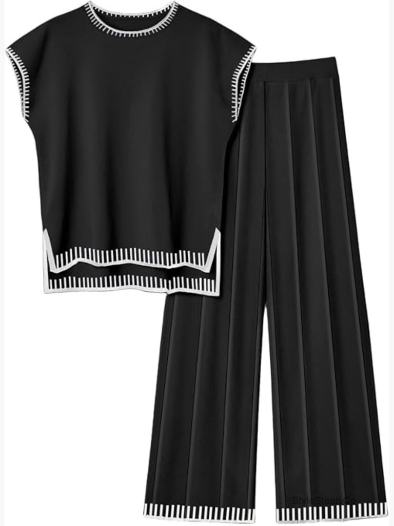 Knit Sweater Set 2 Piece Lounge Outfit Pullover Wide Leg Pajama Set